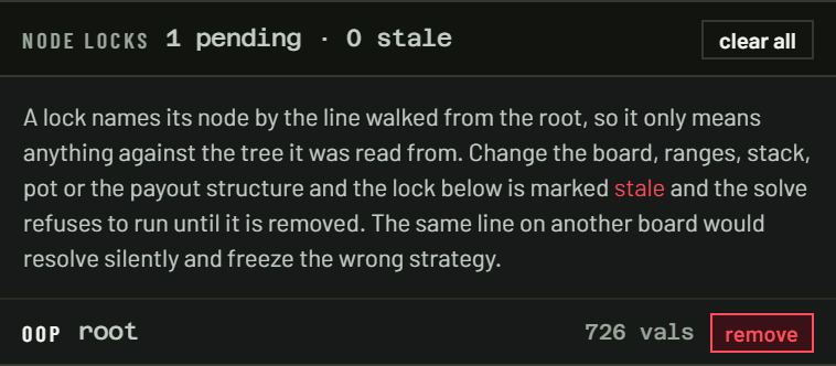 The node locks panel: one pending lock on the root for OOP, with remove and clear-all controls